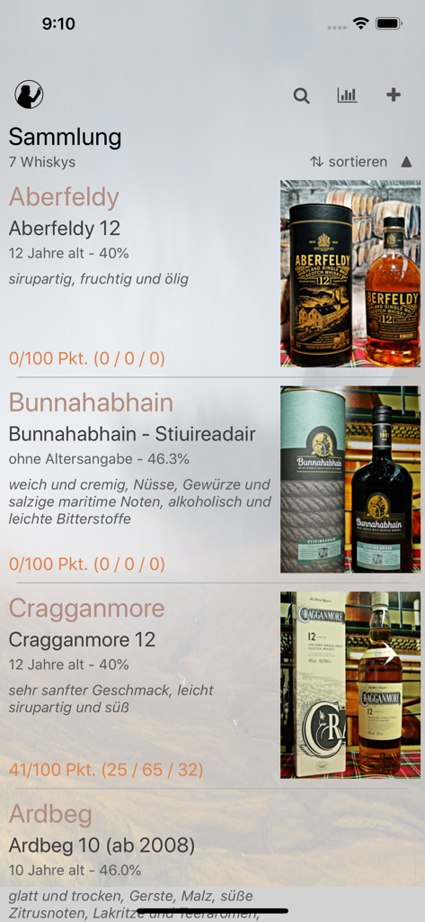 The Stillman - Die Whisky App - The Stillman app interface showing a list of whiskies in a collection with bottle photos and tasting notes.
