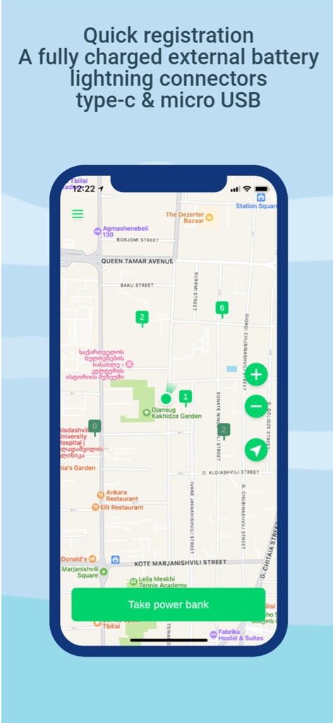 Charge and Go 앱 인터페이스, 배터리 대여 스테이션 지도 표시