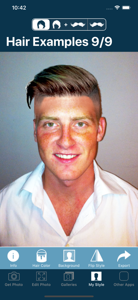 A man using the app to virtually try on a modern undercut fade hairstyle with editing options like hair color and background