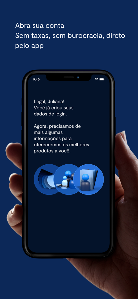 BTG Pactual Investimentos - A hand holding an iPhone displaying the account opening and onboarding screen of the BTG Pactual Investimentos app
