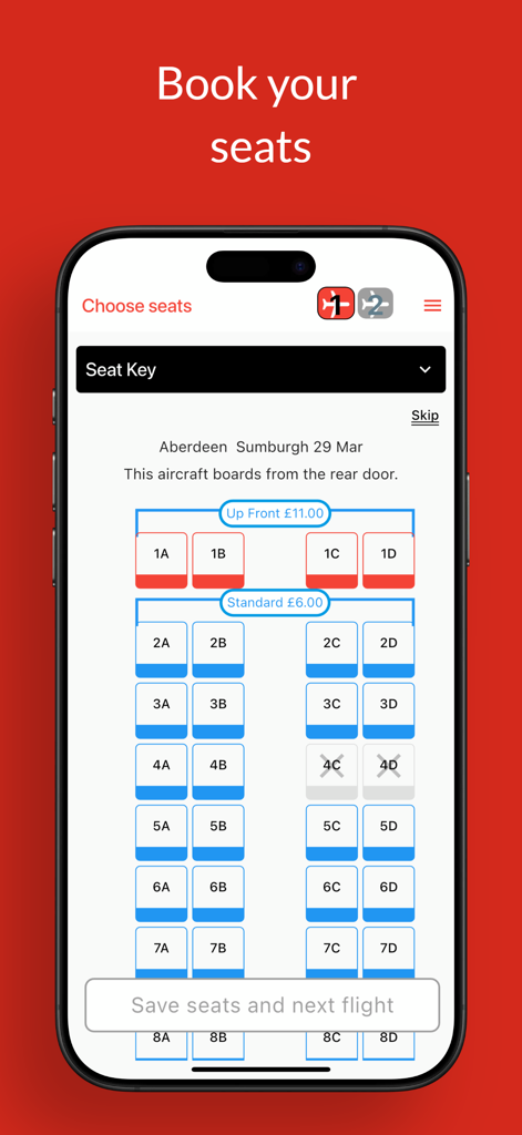 Loganair mobile app seat map and selection screen for booking a flight.