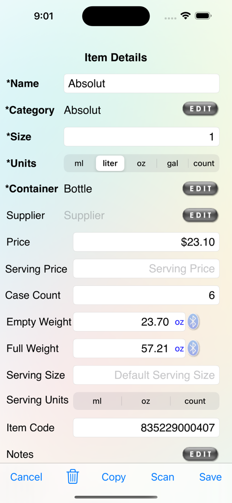 BarkeepApp Item Details screen showing liquor inventory management with fields for name, category, size, price, and weight tracking.