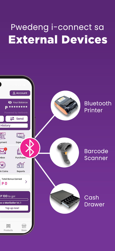 Interfaz de la aplicación Peddlr que muestra la conexión Bluetooth a una impresora térmica, escáner de códigos de barras y cajón de efectivo