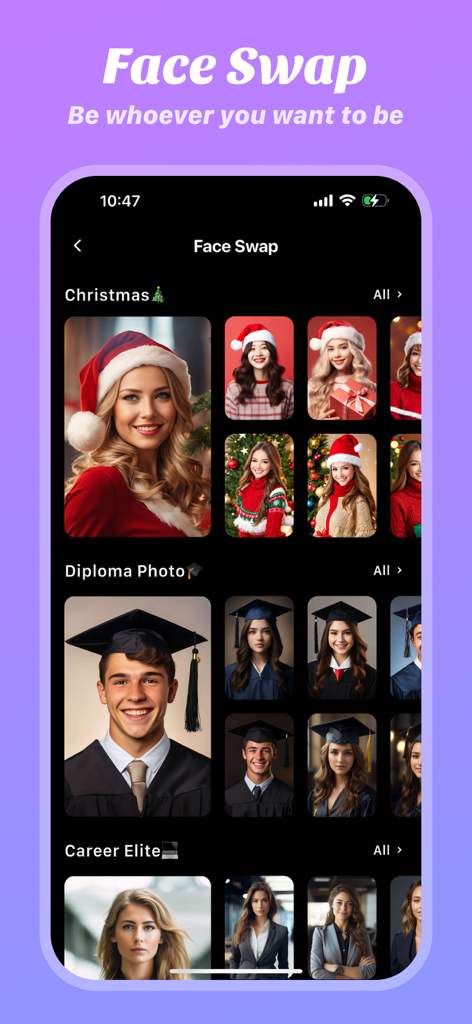 Midoll-Create&Chat AI girl - A mobile app screen showing AI face swap templates for Christmas graduation and professional career styles