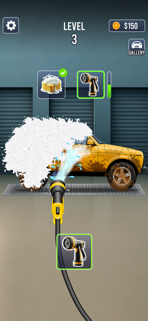 Car Wash: ASMR Game - A yellow car being sprayed with a high pressure water nozzle in a car wash simulation game