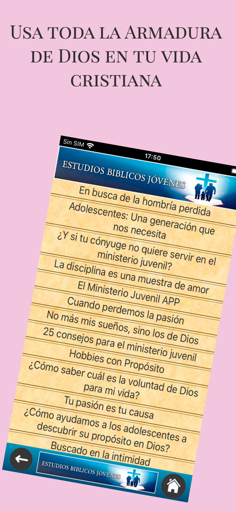 Interfaz de la aplicación Estudios Bíblicos Jóvenes con una lista de temas de estudio para jóvenes cristianos