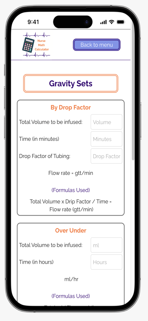 Nurse Math Calculator - La pantalla de cálculo de conjuntos de gravedad en la aplicación Calculadora de Matemáticas para Enfermería que muestra fórmulas para las tasas de goteo IV.