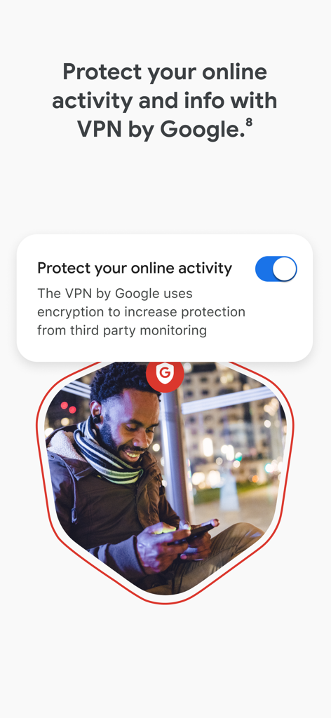 Google Fi Wireless App-Oberfläche zeigt die VPN by Google Funktion zum Schutz von Online-Aktivitäten