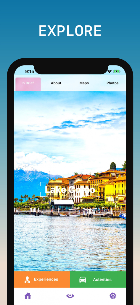 A smartphone screen of the Lake Como Travel Guide app featuring a picturesque view of the lake and colorful Italian architecture.