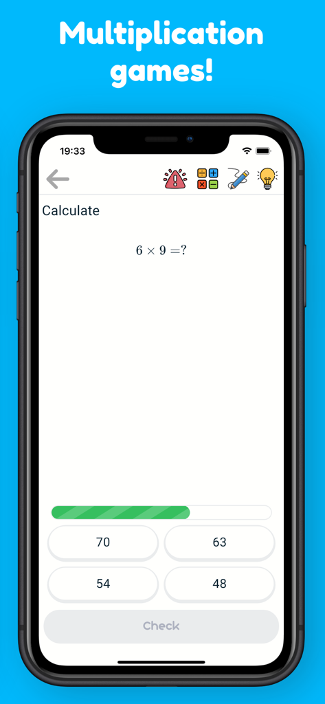 Smartphone screen displaying a multiplication problem 6 times 9 with four multiple choice answer buttons