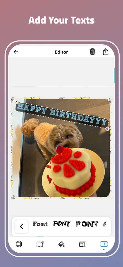 Collage Maker - AI Polaroid - Adding happy birthday text to a photo of a dog using the Collage Maker app editor interface