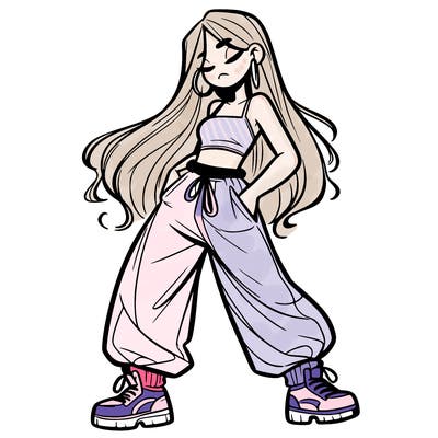 girl in baggy pants crop top and long hair