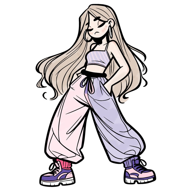 girl in baggy pants crop top and long hair