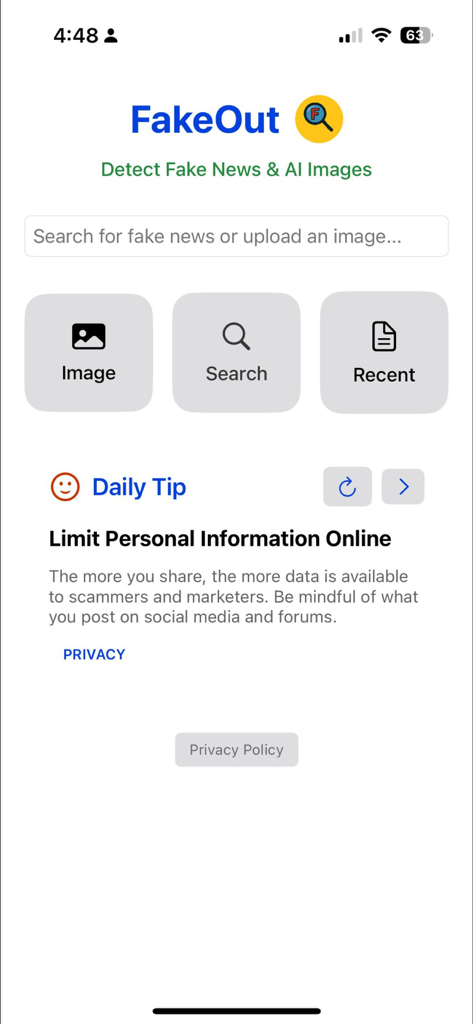 FakeOut: Misinfo Detector - Tela inicial do aplicativo FakeOut mostrando opções de pesquisa para detecção de fake news e imagens geradas por IA