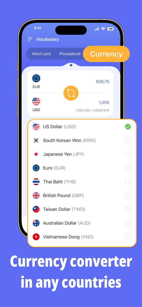 AMO translator, Translate all - AMO Translator app interface showing a currency converter tool with a list of global currencies including USD, EUR, and JPY.