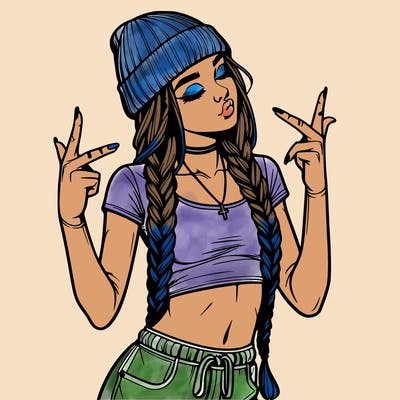 realistic teenage girl with braids and a beanie and crop top doing 🫶🏼