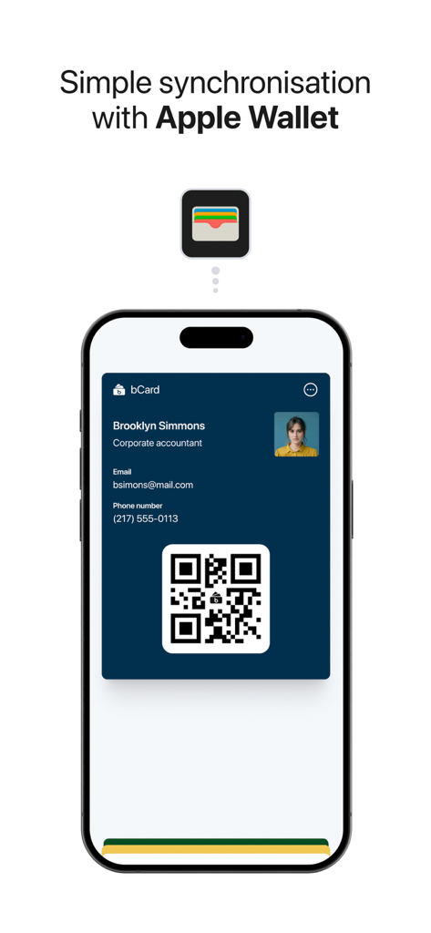 bCard: Digital Business Card - Carte de visite numérique sur iPhone montrant l'intégration Apple Wallet avec code QR