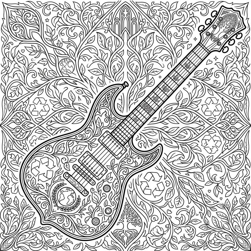 Immerse yourself in a darkly beautiful fusion of music and nature with this unique Gothic guitar coloring page. Perfect for celebrating Earth Day, it features intricate designs and environmental motifs for a truly engaging artistic experience.