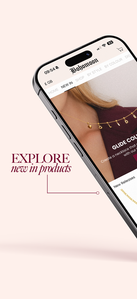 BOHOMOON - Bohomoon mobile app interface displaying the new in jewelry collection with a gold heart necklace