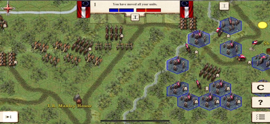 Taktische Hex-Karte in American Civil War Battles mit Regimentseinheiten und Gelände.