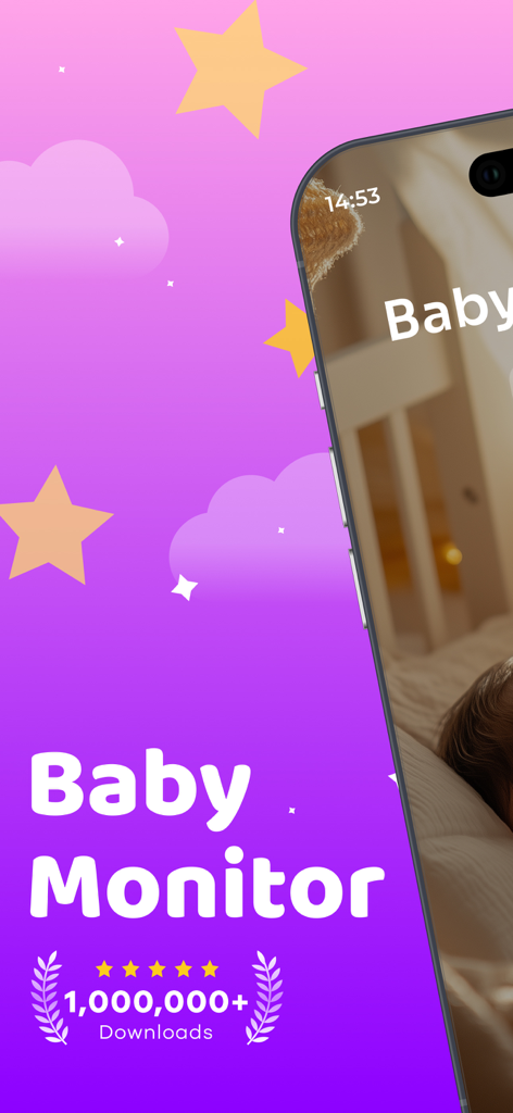 Schermata promozionale dell'app Baby Monitor che mostra oltre 1 milione di download e una valutazione a cinque stelle su sfondo viola con stelle