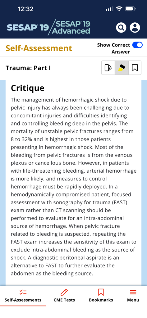 ACS SESAP 19 - Critique section of a trauma self assessment module in the ACS SESAP 19 mobile app