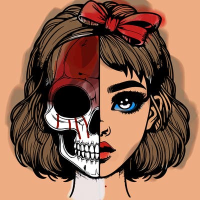 realistic girl with half skull mask