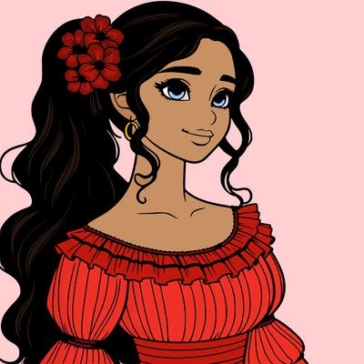 a single latina woman with a side ponytail and a long dress with ruffles. she has a few discreet flowers in her hair. realistic