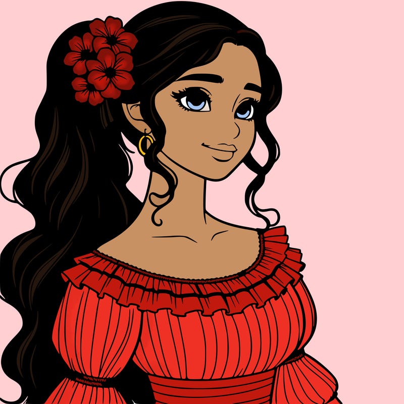a single latina woman with a side ponytail and a long dress with ruffles. she has a few discreet flowers in her hair. realistic