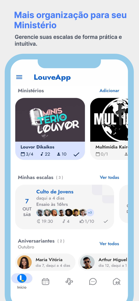 LouveApp - Interface do LouveApp mostrando organização do ministério da igreja, escalas de voluntários e aniversários de membros