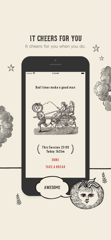 Focus Tomato - Let's focus now - Pantalla de la aplicación Focus Tomato que muestra una ilustración vintage de una persona tomate y niños con texto que dice que te anima después de una sesión