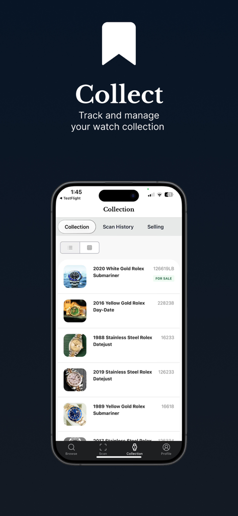 Patina AI - Watch Identifier - La scheda collezione dell'app Patina AI che mostra un elenco di orologi di lusso monitorati come Rolex Submariner e Day Date