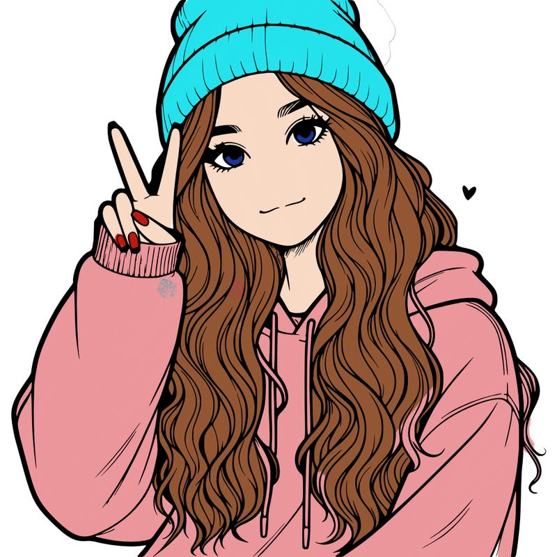 a teenage girl in a beanie, oversized sweatshirt, wavy long hair, and is showing a ✌️