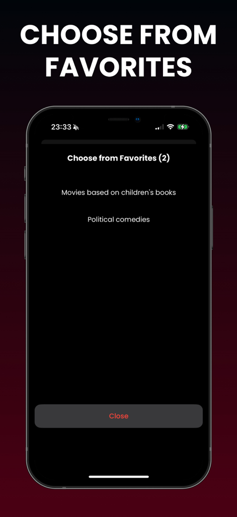 Benutzeroberfläche der App 'Film- & TV-Codes für Netflix' mit gespeicherten bevorzugten Kategorien wie politische Komödien