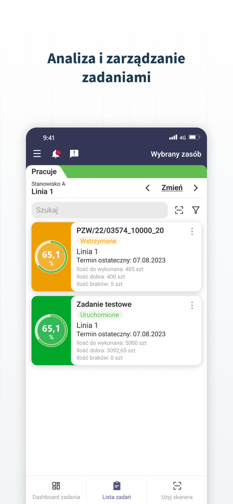 Mobile app interface showing industrial production task analysis and progress monitoring.