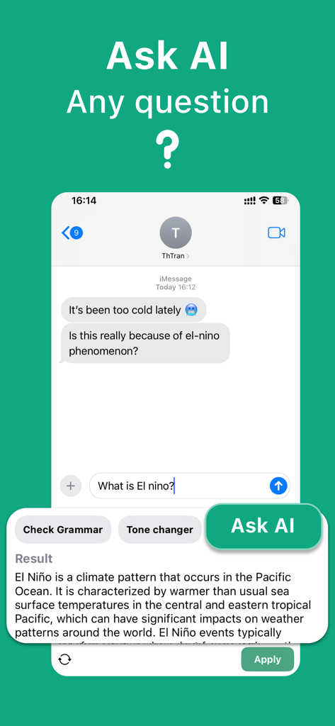 TyperAI keyboard interface showing the Ask AI feature answering a question in a messaging app