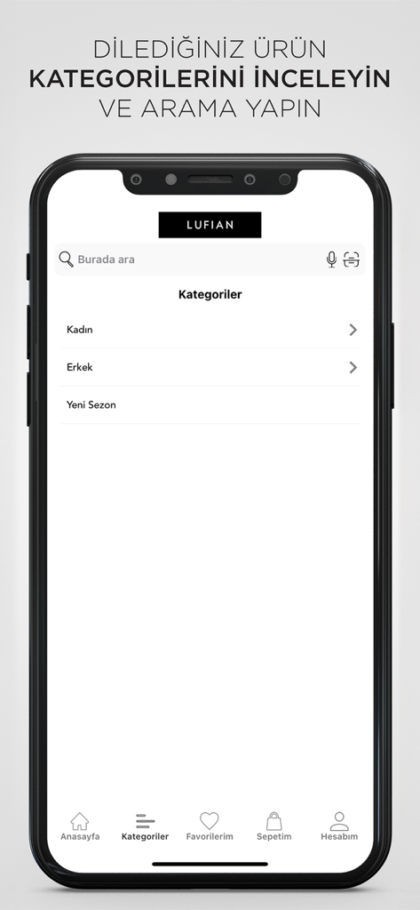 LUFIAN - Menú de categorías de la app móvil Lufian mostrando opciones para hombres y mujeres con funciones de búsqueda por voz y QR integradas
