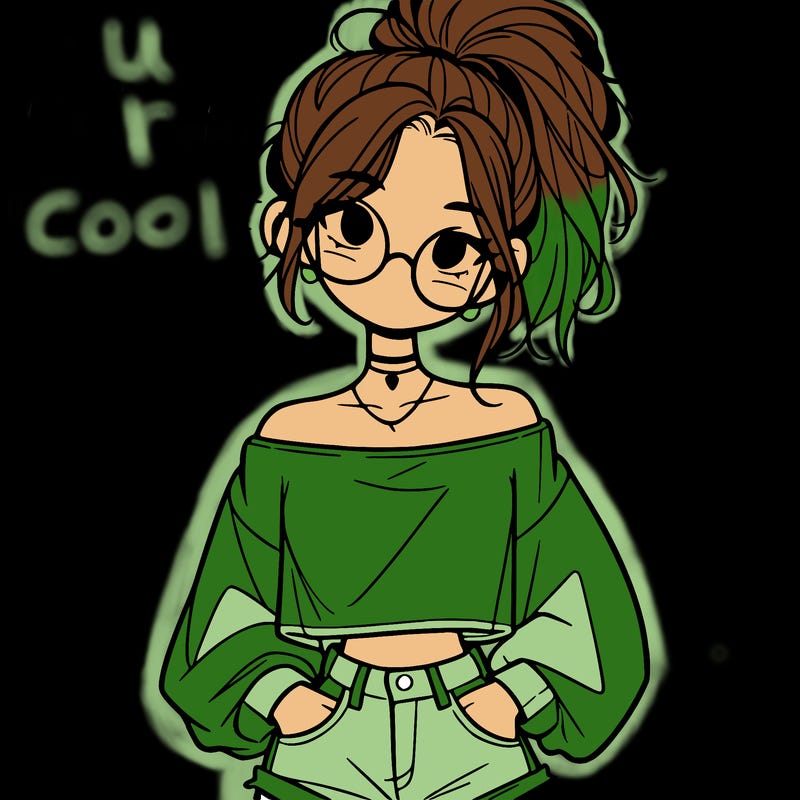 girl with a messy ponytail glasses a baggy crop top and jean shorts