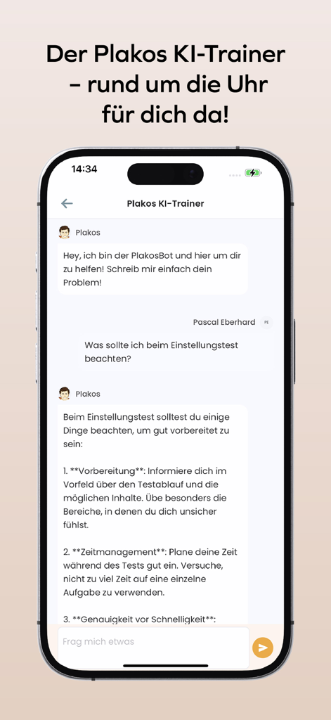 Plakos Prüfungstrainer - Plakos KI-Trainer chat interface showing test preparation advice