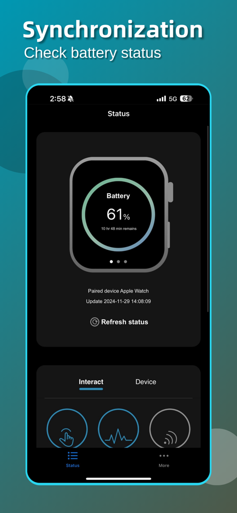 手錶醫生Watch Doctor - Aplicación Watch Doctor mostrando el porcentaje de batería del Apple Watch y las herramientas de diagnóstico