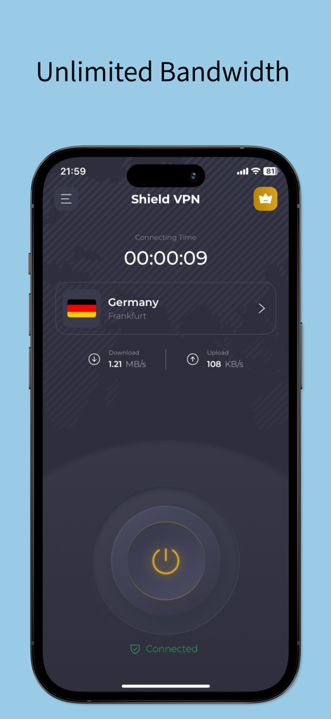 Shield VPN - Super Secure VPN - Shield VPN app screenshot showing a secure connection to a German server with unlimited bandwidth