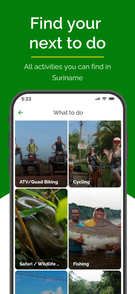 수리남 앱의 스크린샷으로 쿼드 바이크, 사이클링, 야생 동물 사파리, 낚시와 같은 활동 목록이 표시됩니다.