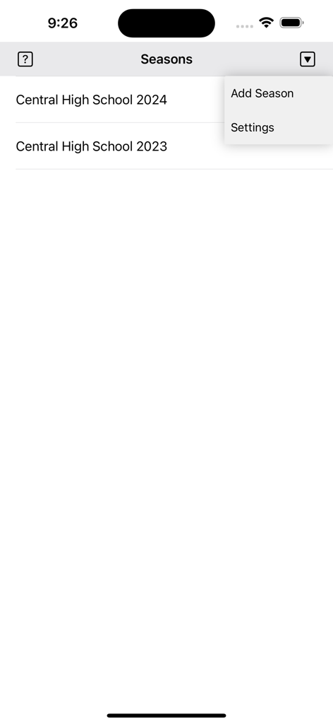 Basketball Analytics - 농구 분석 앱 시즌 목록에 고등학교 시즌과 시즌 추가 옵션이 표시됩니다