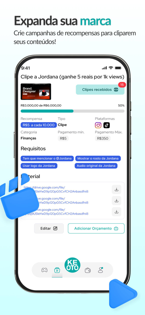 Pantalla de smartphone mostrando la interfaz de la aplicación Keoto para crear campañas de marca y gestionar recompensas de edición de vídeo.