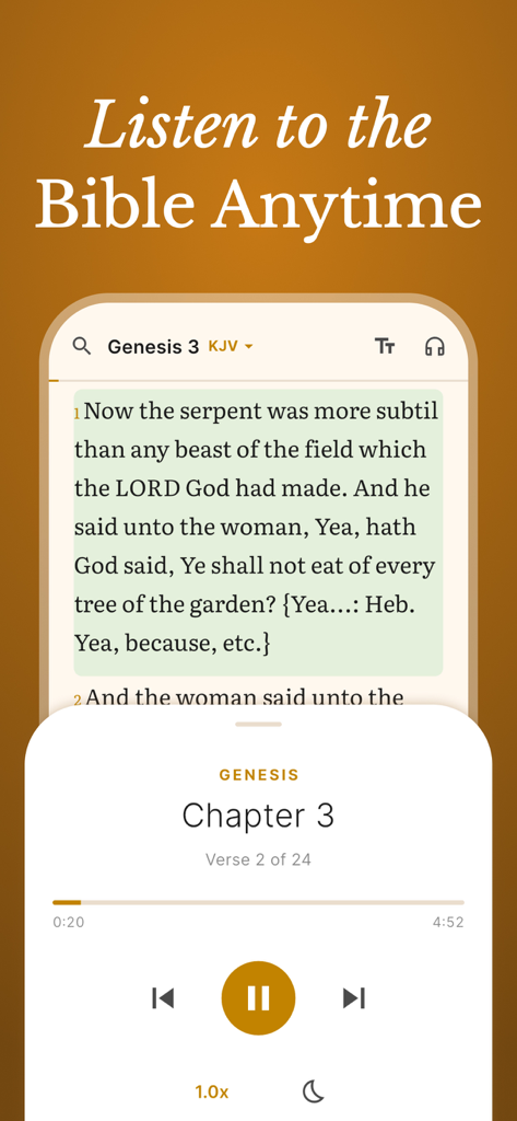 Holy Bible & Daily Verse - Holy Bible app audio player interface showing Genesis Chapter 3