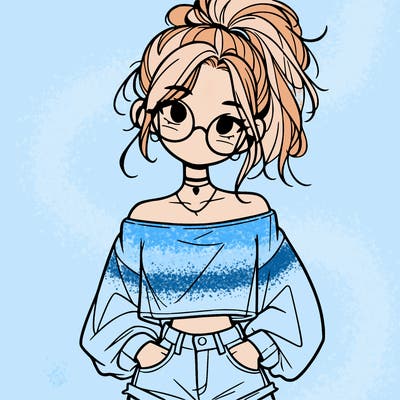 girl with a messy ponytail glasses a baggy crop top and jean shorts