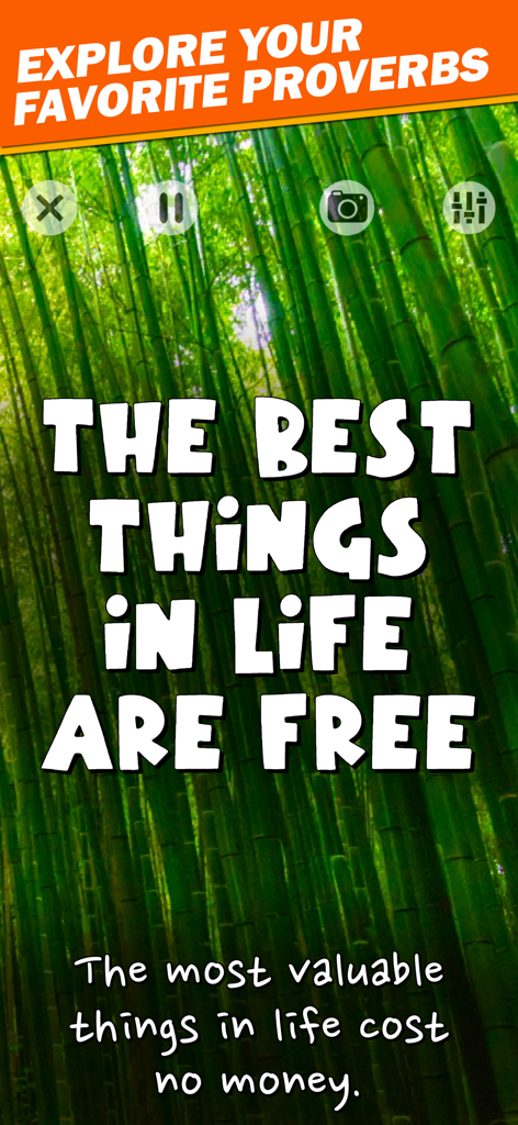 Proverb slideshow screen displaying the phrase The best things in life are free over a bamboo forest background.