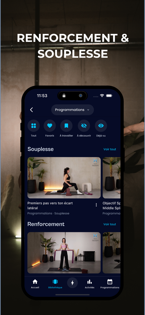 Pantalla de la aplicación móvil Pole Therapy que muestra categorías para ejercicios de flexibilidad y fortalecimiento