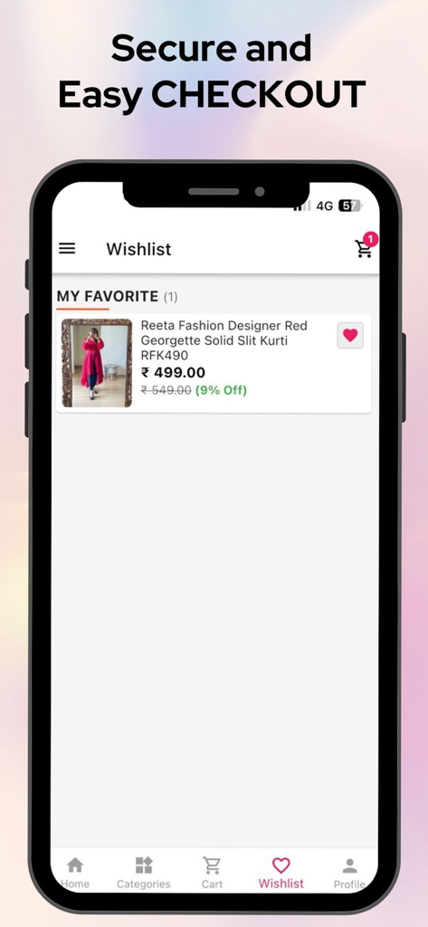 Reeta Fashion- Online Shopping - Wishlist screen of Reeta Fashion shopping app showing a designer red georgette slit kurti