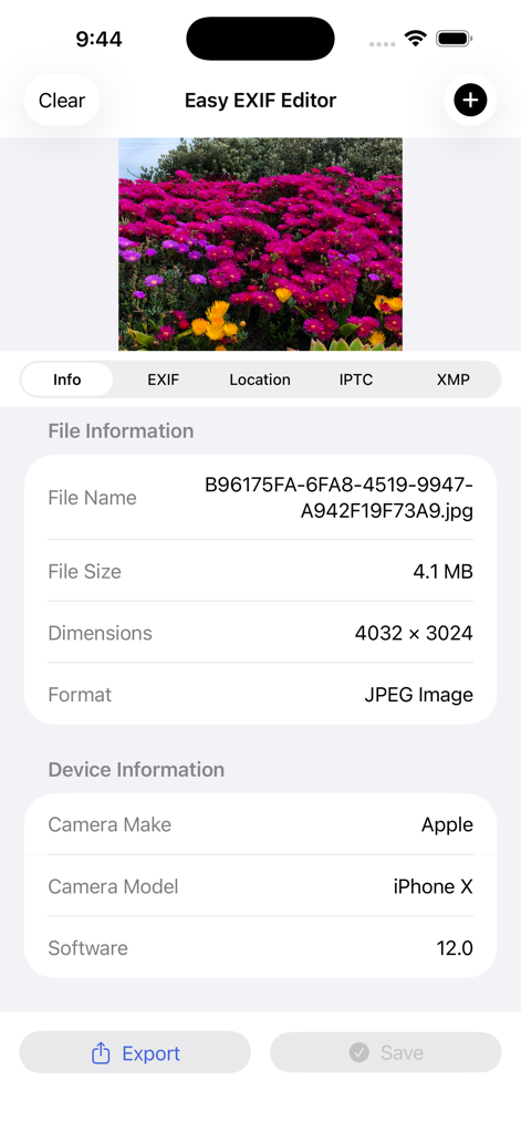 Easy Exif Editor - Easy EXIF Editor interface showing file and device information for a photo of pink flowers